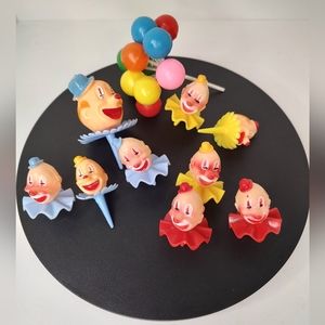 Vintage 1991 Wilton Circus Clown Cupcake Cake Toppers Set Of 10 W/Balloon Pick